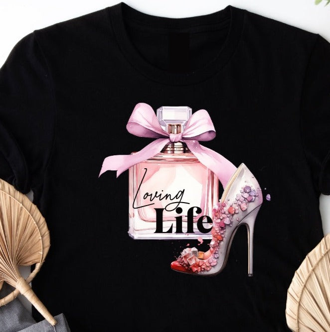 Chic Woman's Short Sleeve T-Shirt - Graphic Perfume Heels