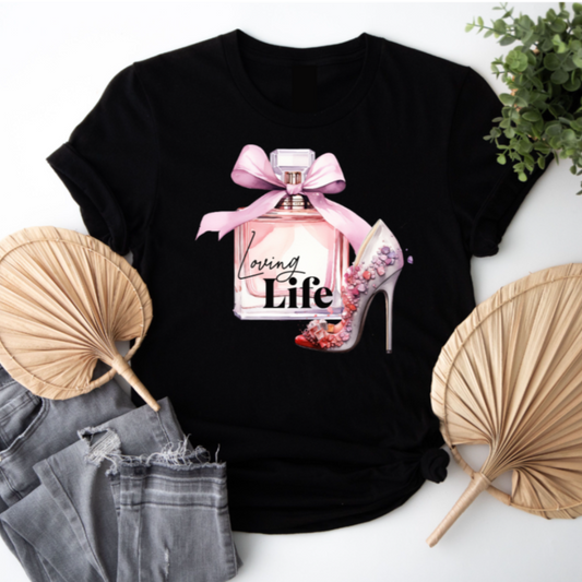 Chic Woman's Short Sleeve T-Shirt - Graphic Perfume Heels